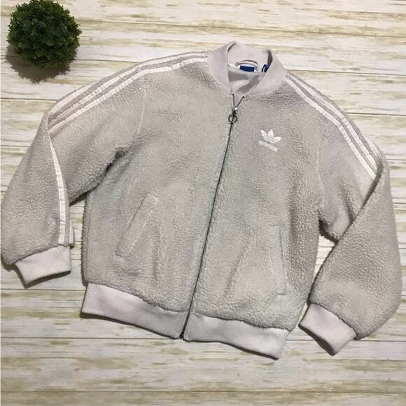 Adidas Original Trefoil White Sherpa Teddy Coat Bomber Jacket Size Small - Picture 1 of 5